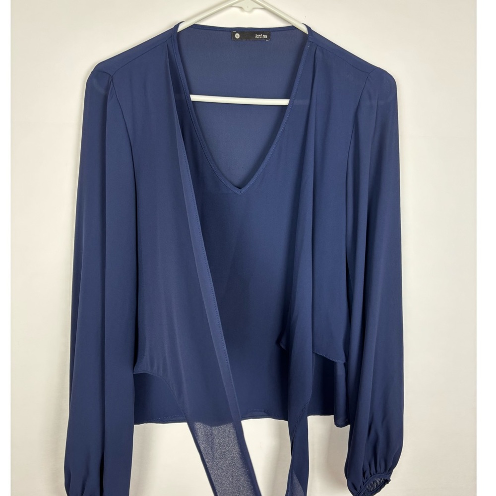 Krisa Top Size Small Navy Blue Chiffon Layered Tie Front Long Sleeve V Neck - Picture 3 of 7